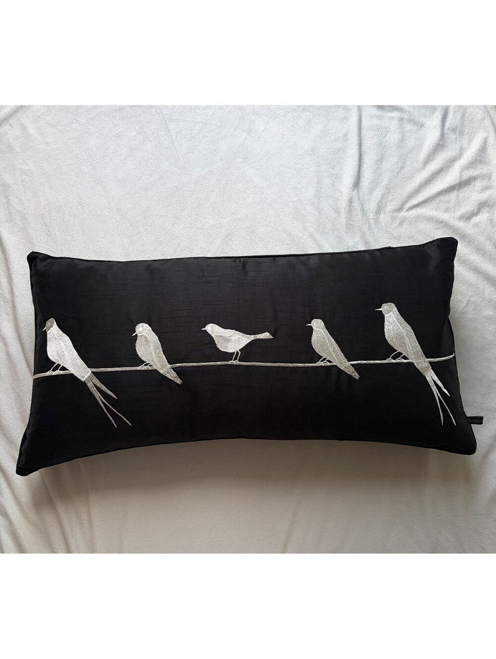 Embroidered Birds On Lumbar Throw Pillow Black 100% Cotton Accent Decor 14 X 27